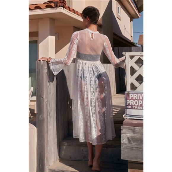 Boho Vintage Sheer Lace Midi Dress Flare Sleeves - Picture 7 of 8